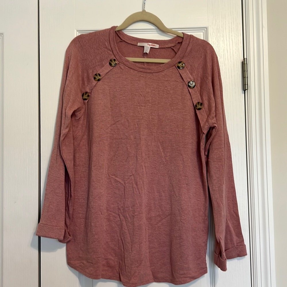 My Story pink sweater with tortoise shell buttons, size large